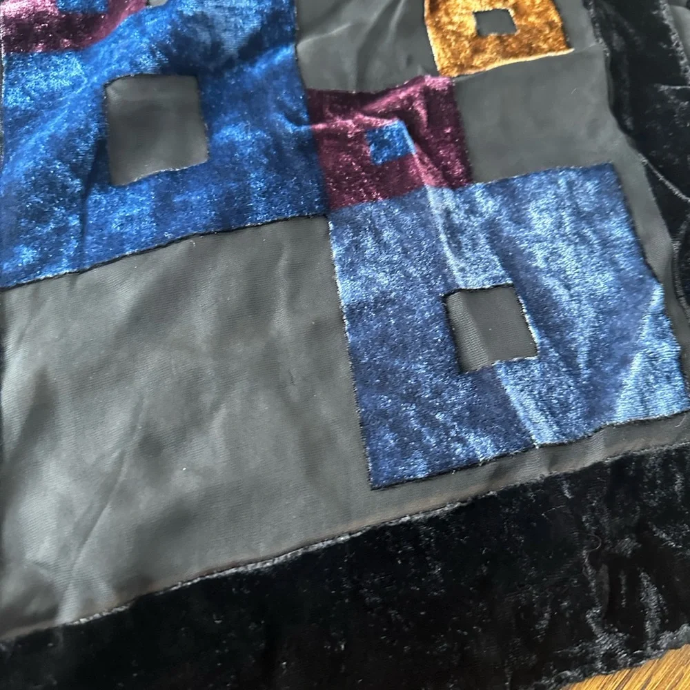Vintage Velvet Geometric Patchwork Scarf Shawl in Blue, Black, Bronze - Picture 5 of 7